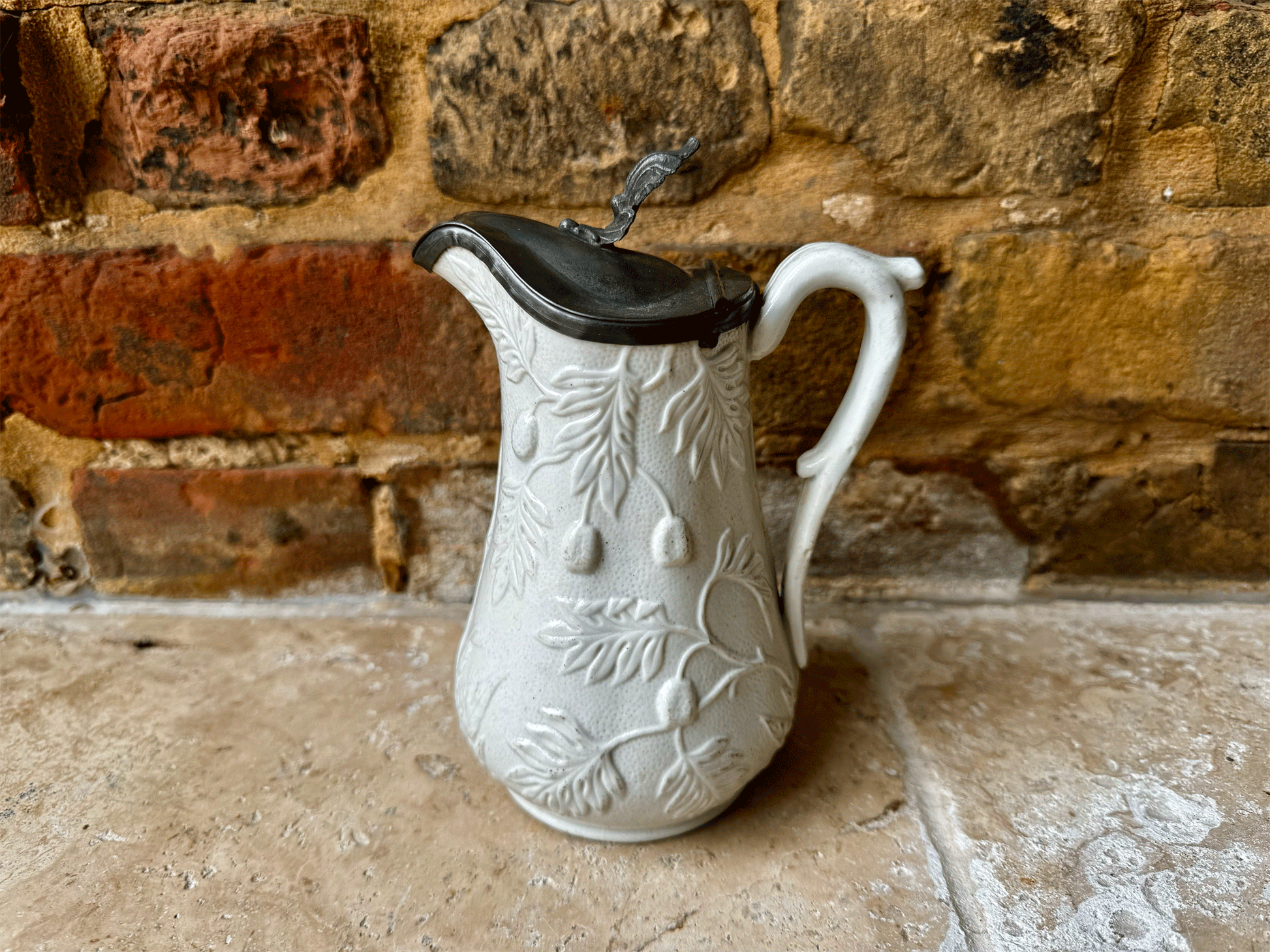 antique victorian english parian ware small pitcher jug pewter lid