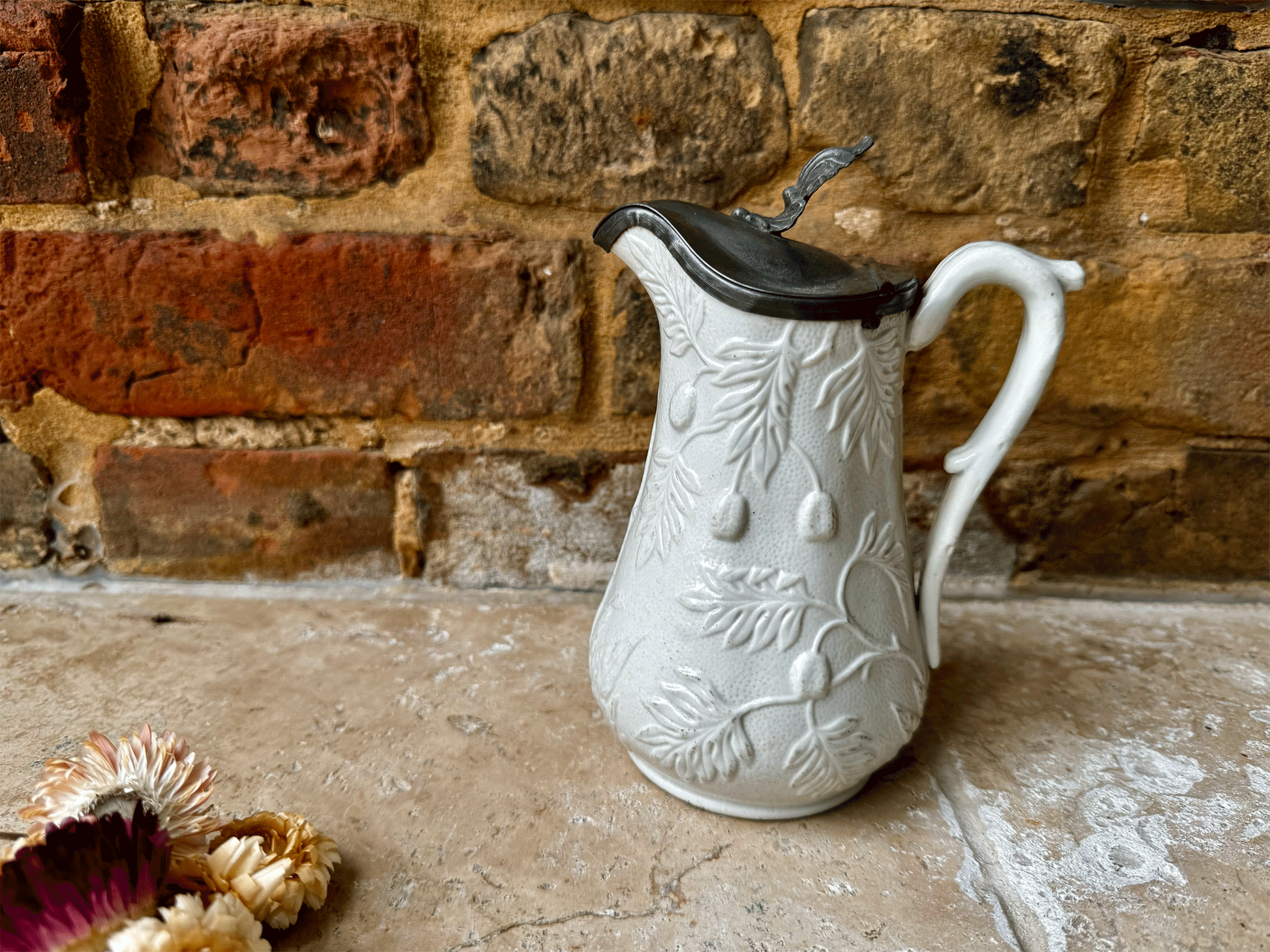 antique victorian english parian ware small pitcher jug pewter lid