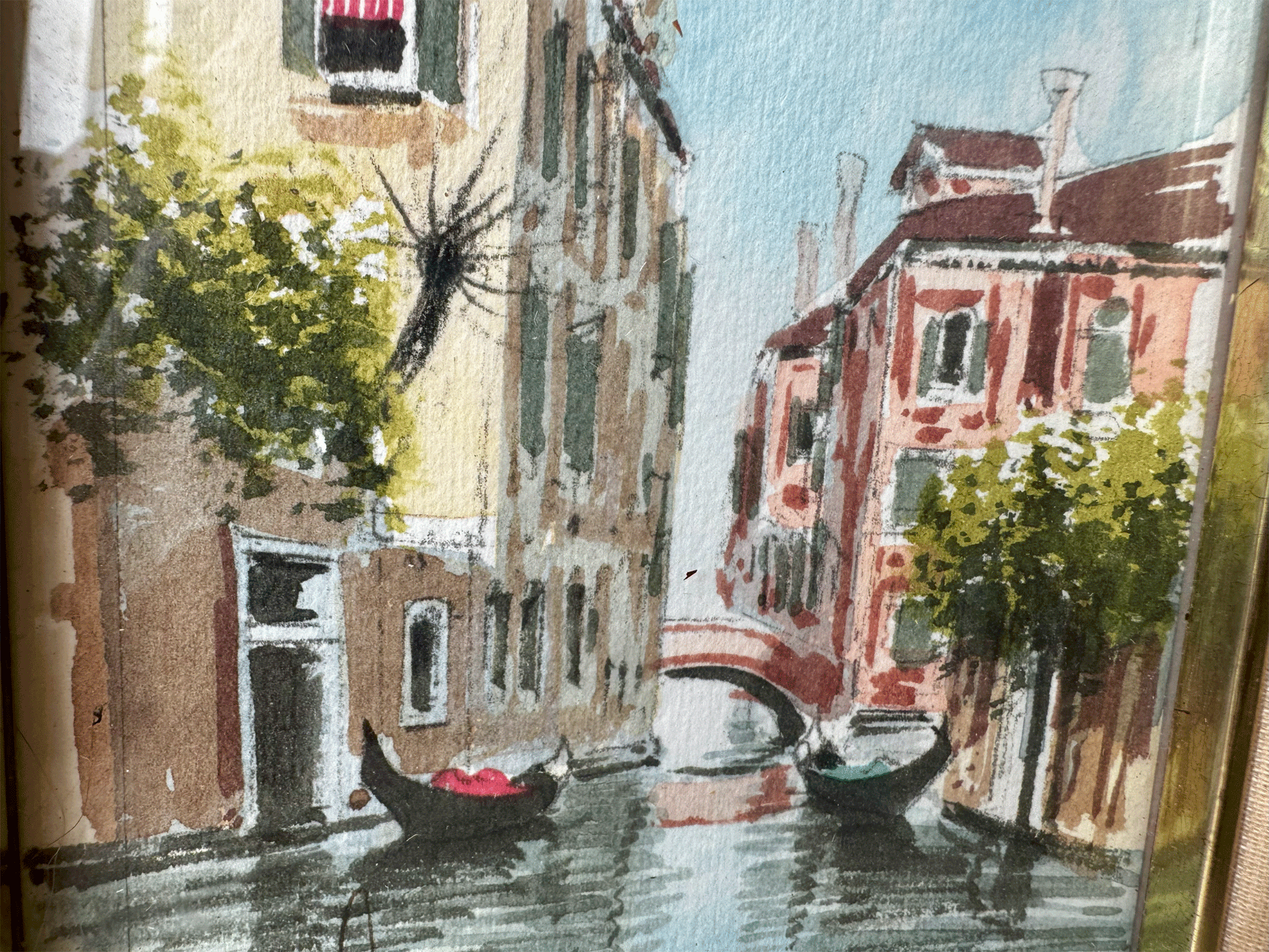 antique vintage signed watercolour painting gilt frame venice canal street scene