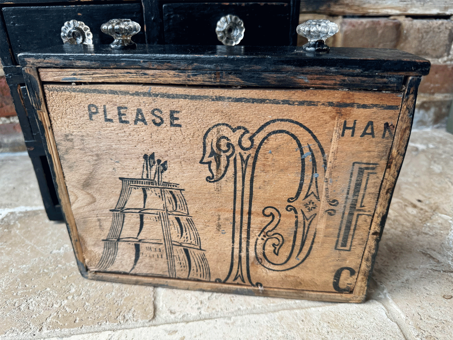 vintage small bank chest drawers tabletop desk tidy black shabby chic timeworn interior decor