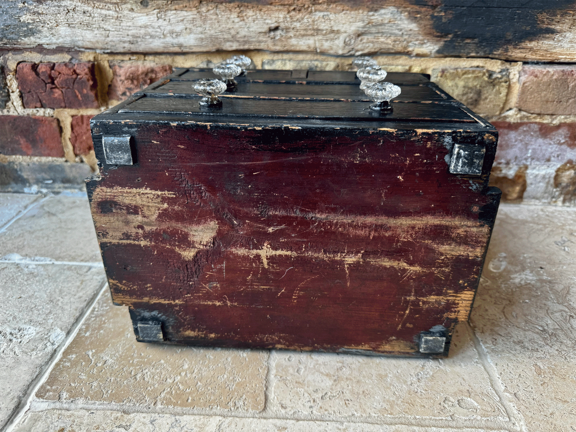 vintage small bank chest drawers tabletop desk tidy black shabby chic timeworn interior decor