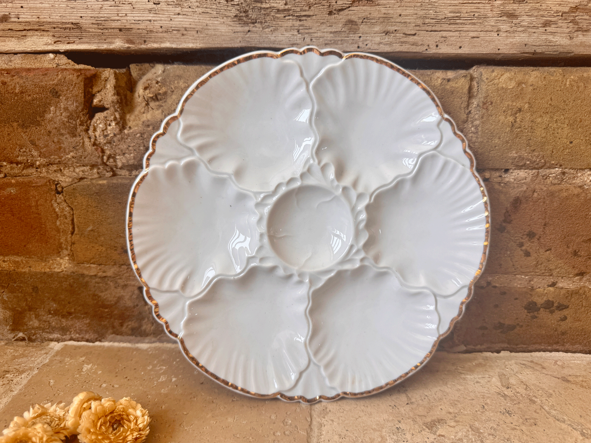 vintage belgian mid century porcelain oyster plate gold trim porcelaine de baudour
