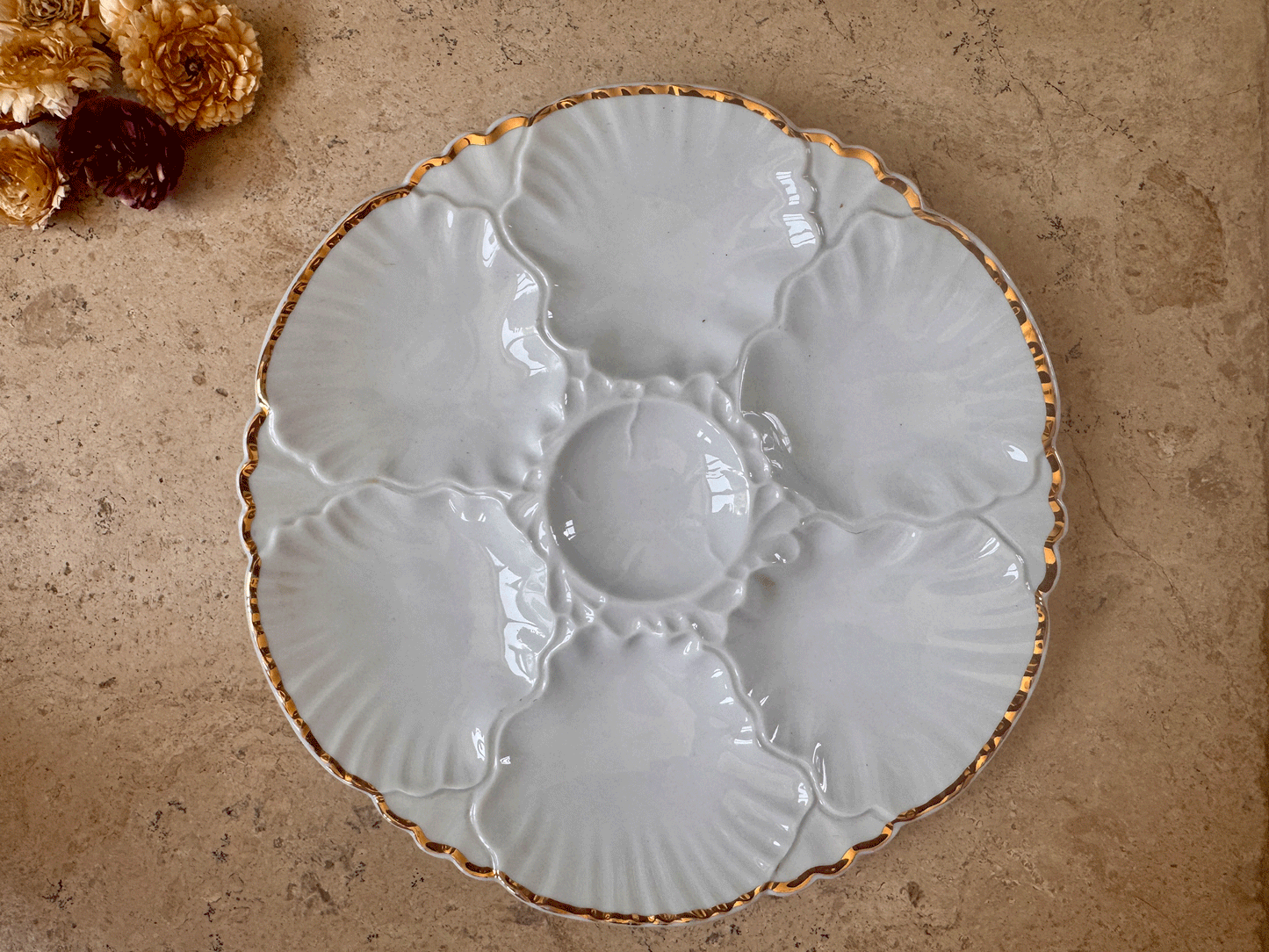 vintage belgian mid century porcelain oyster plate gold trim porcelaine de baudour