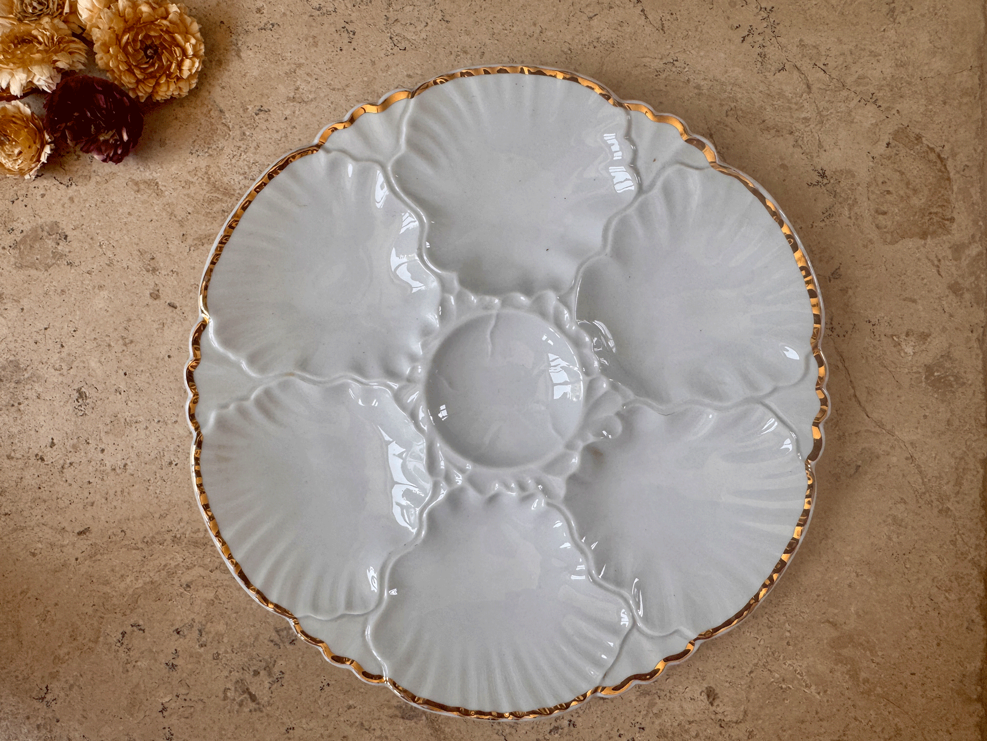 vintage belgian mid century porcelain oyster plate gold trim porcelaine de baudour