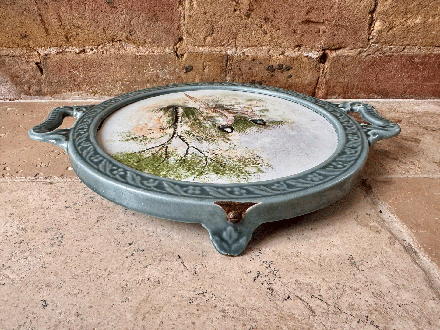 large vintage french blue enamel pot stand painted tile family pheasants