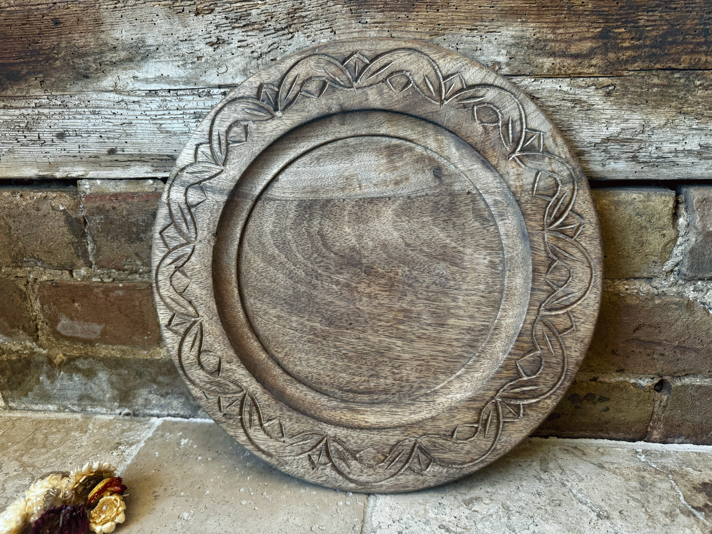 vintage english carved treen wooden bread board platter plate geometric design pattern