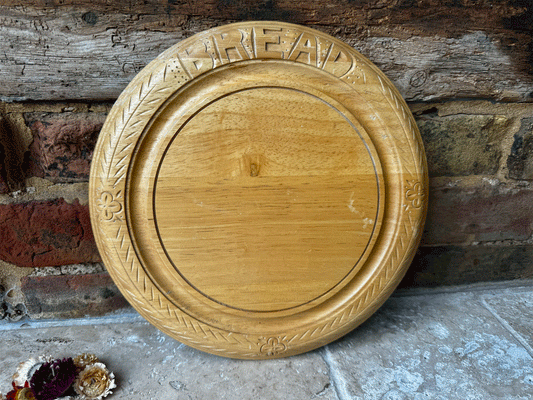 vintage carved english wooden treen breadboard bread motto