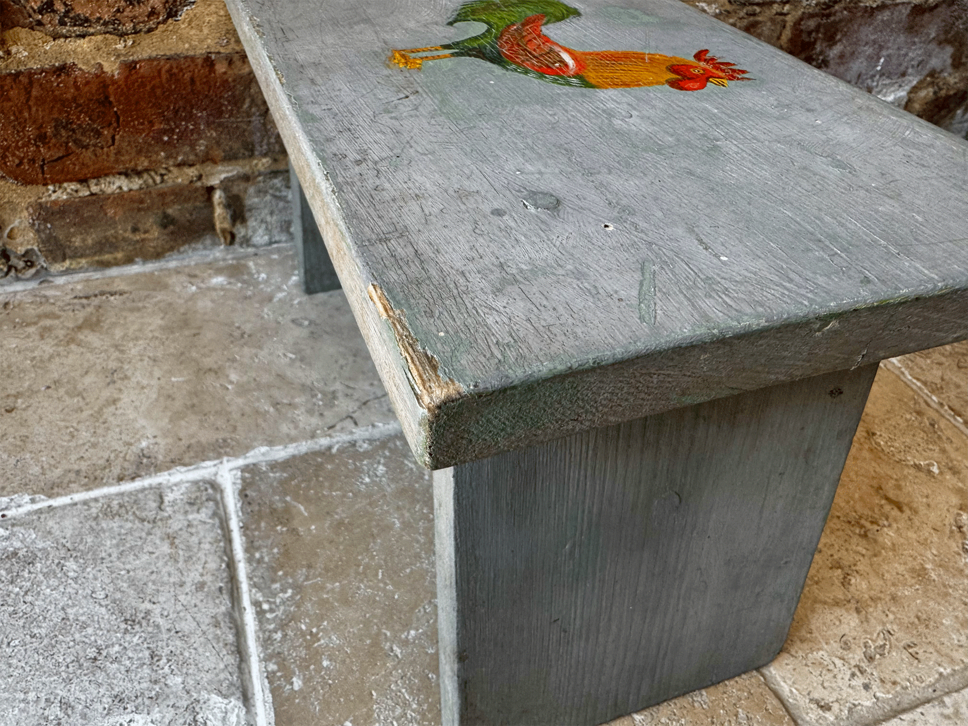 vintage english rustic farmhouse style shabby chic hand painted foot stool chicken rooster