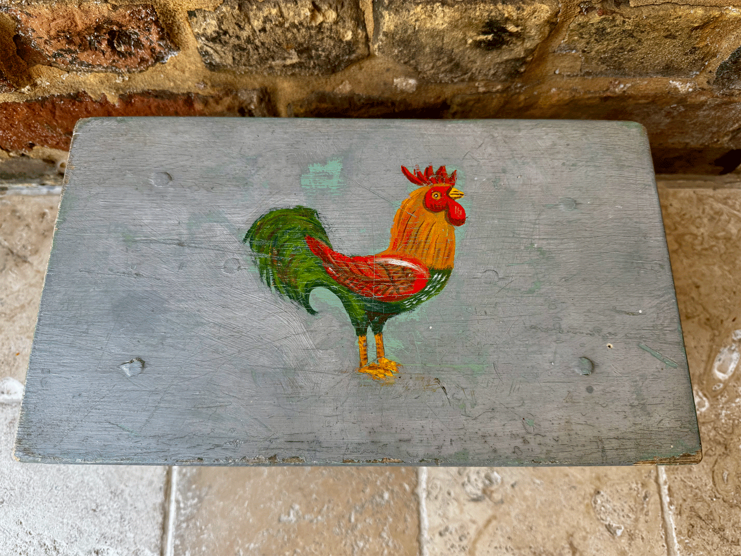 vintage english rustic farmhouse style shabby chic hand painted foot stool chicken rooster