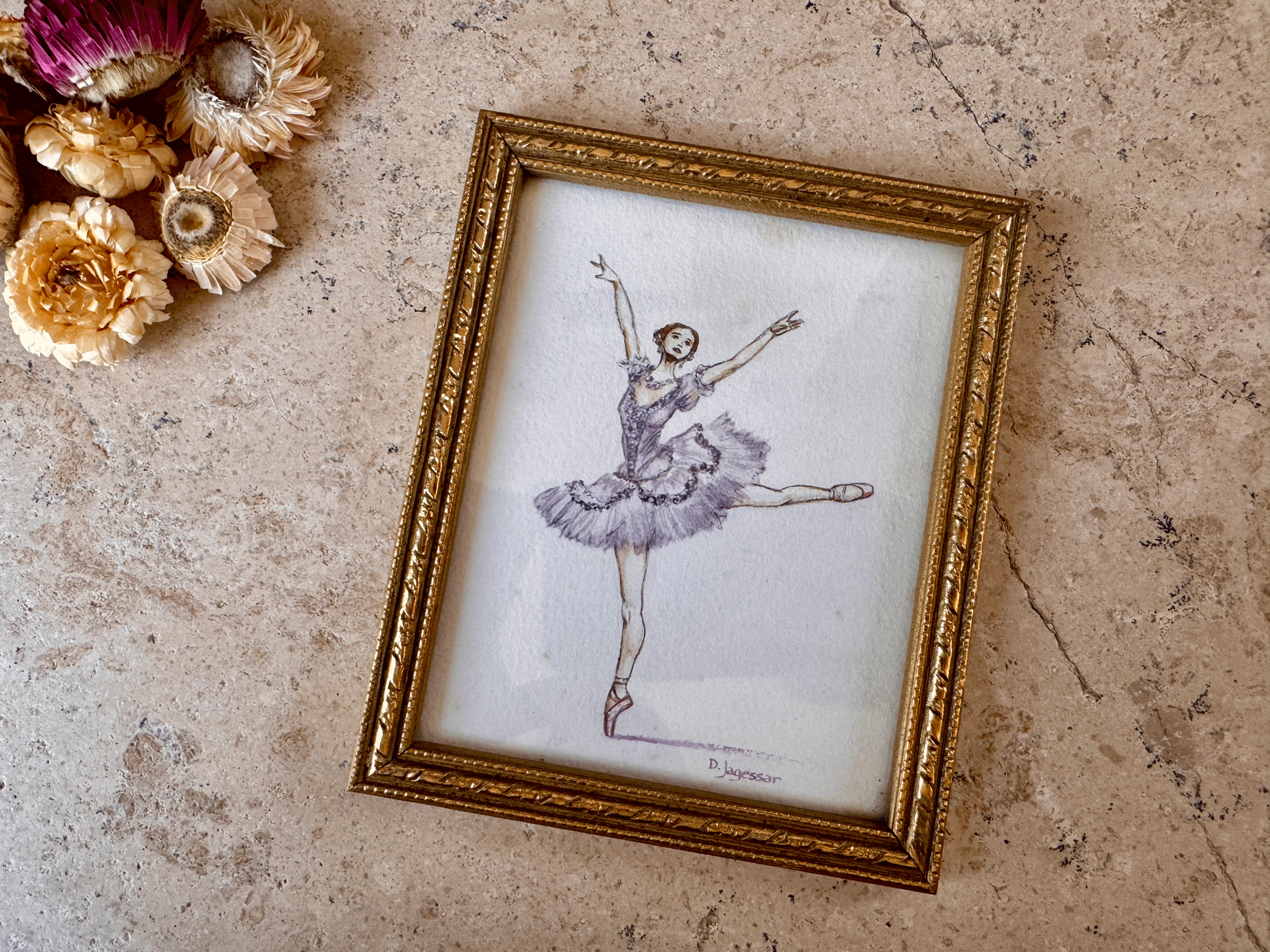vintage watercolour painting artwork signed ballerina english picture