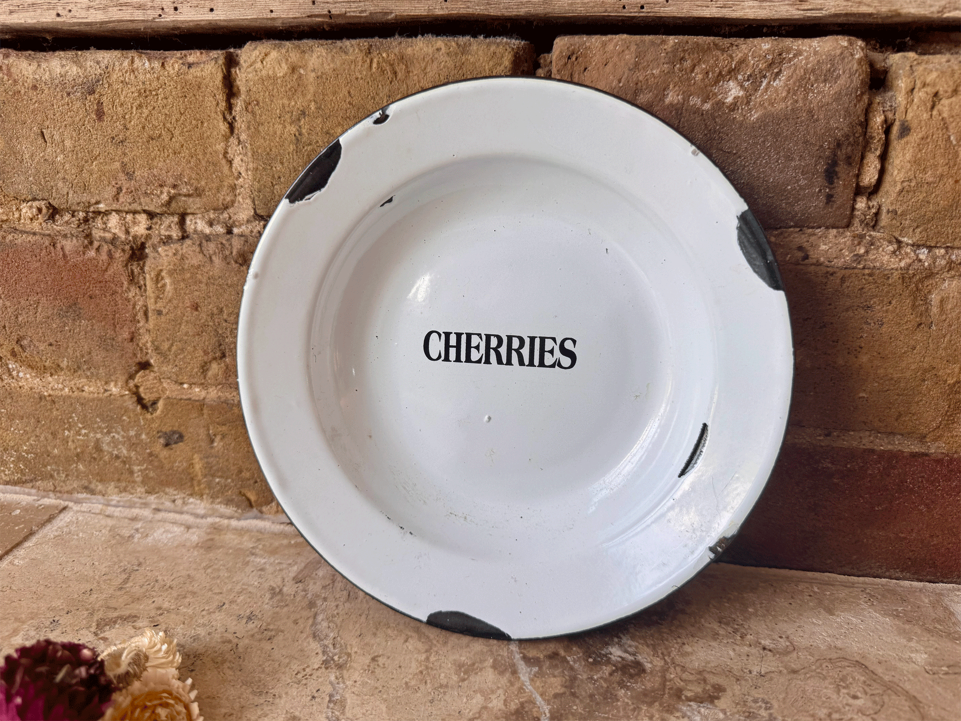 rare antique vintage english kitchenalia enamel bowl lack typography cherries label