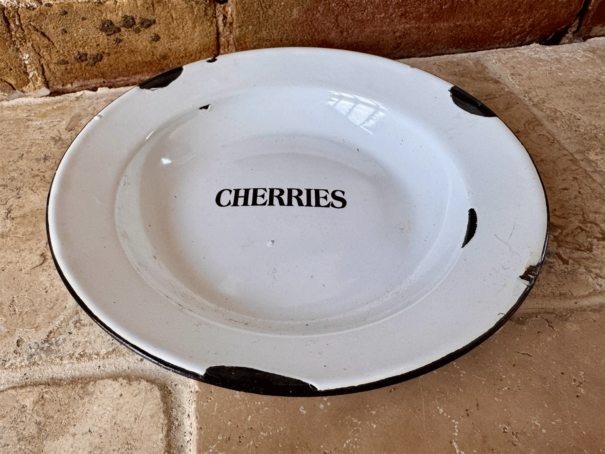 rare antique vintage english kitchenalia enamel bowl lack typography cherries label