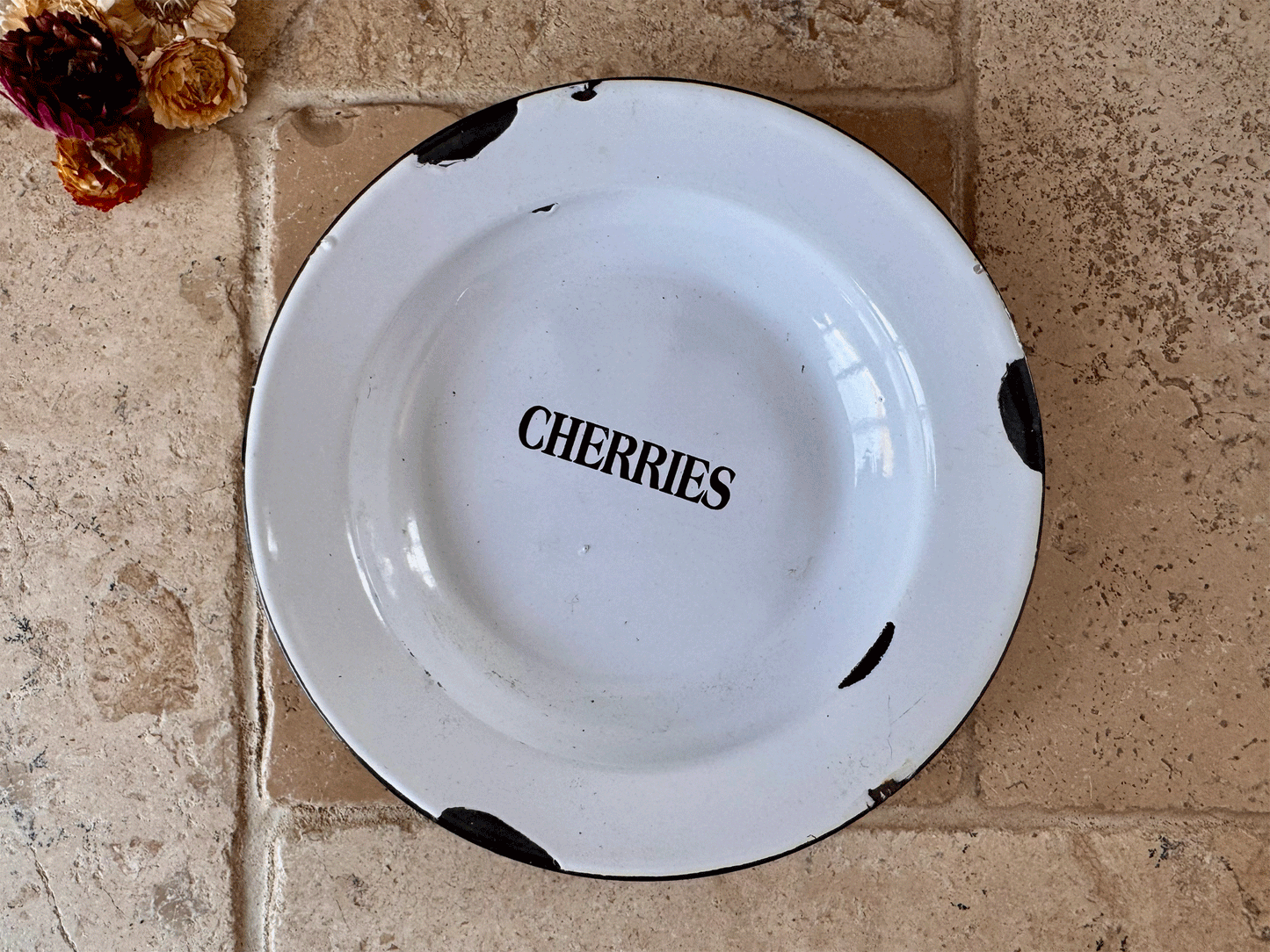 rare antique vintage english kitchenalia enamel bowl lack typography cherries label