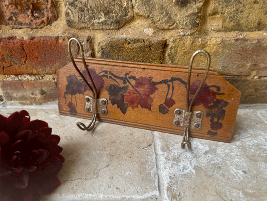 hnd painted decorative french wooden panel coat hooks berries foliage leaves