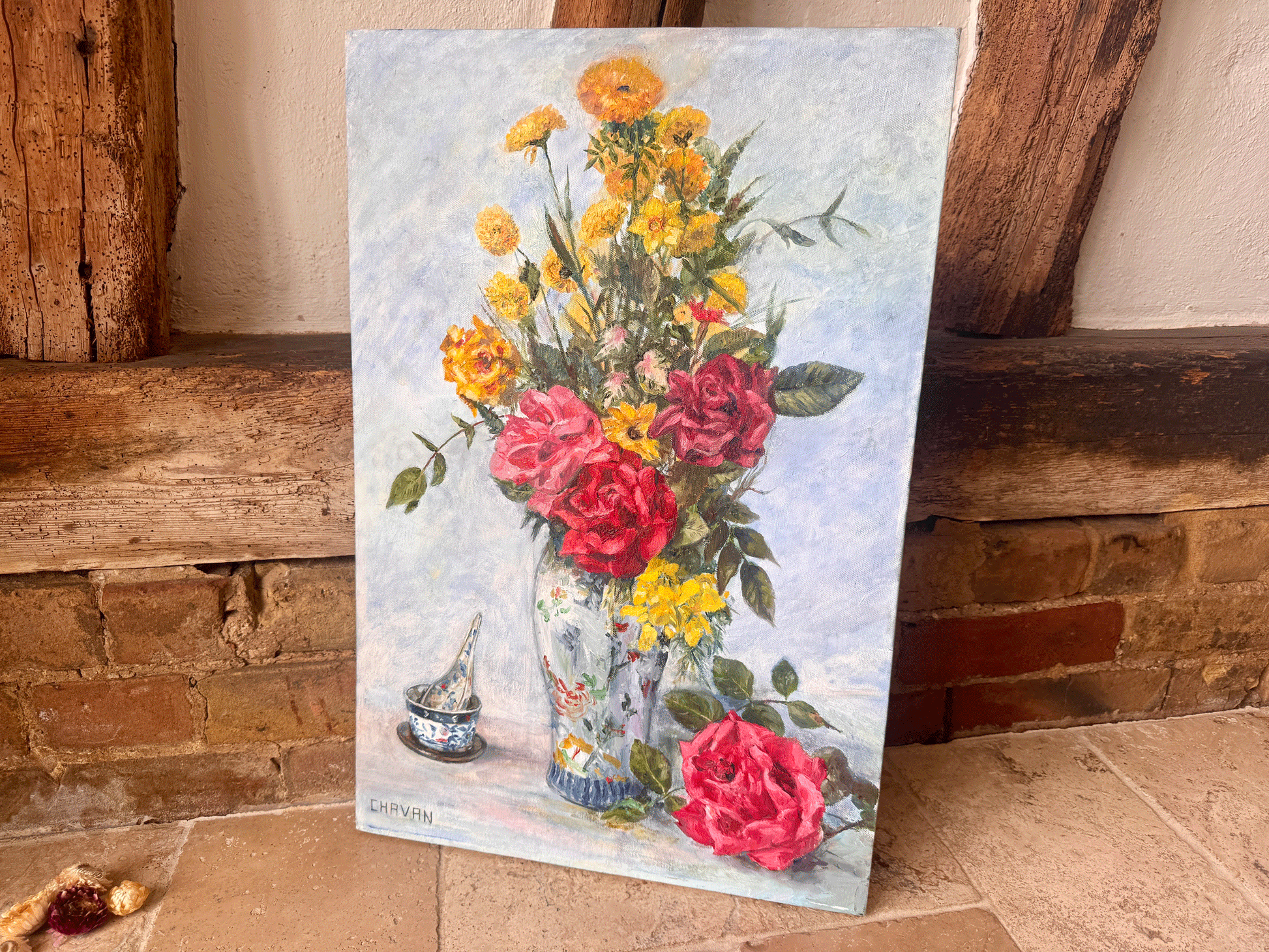 vintage french large floral still life chinoiserie vase pottery oil canvas signed chavan