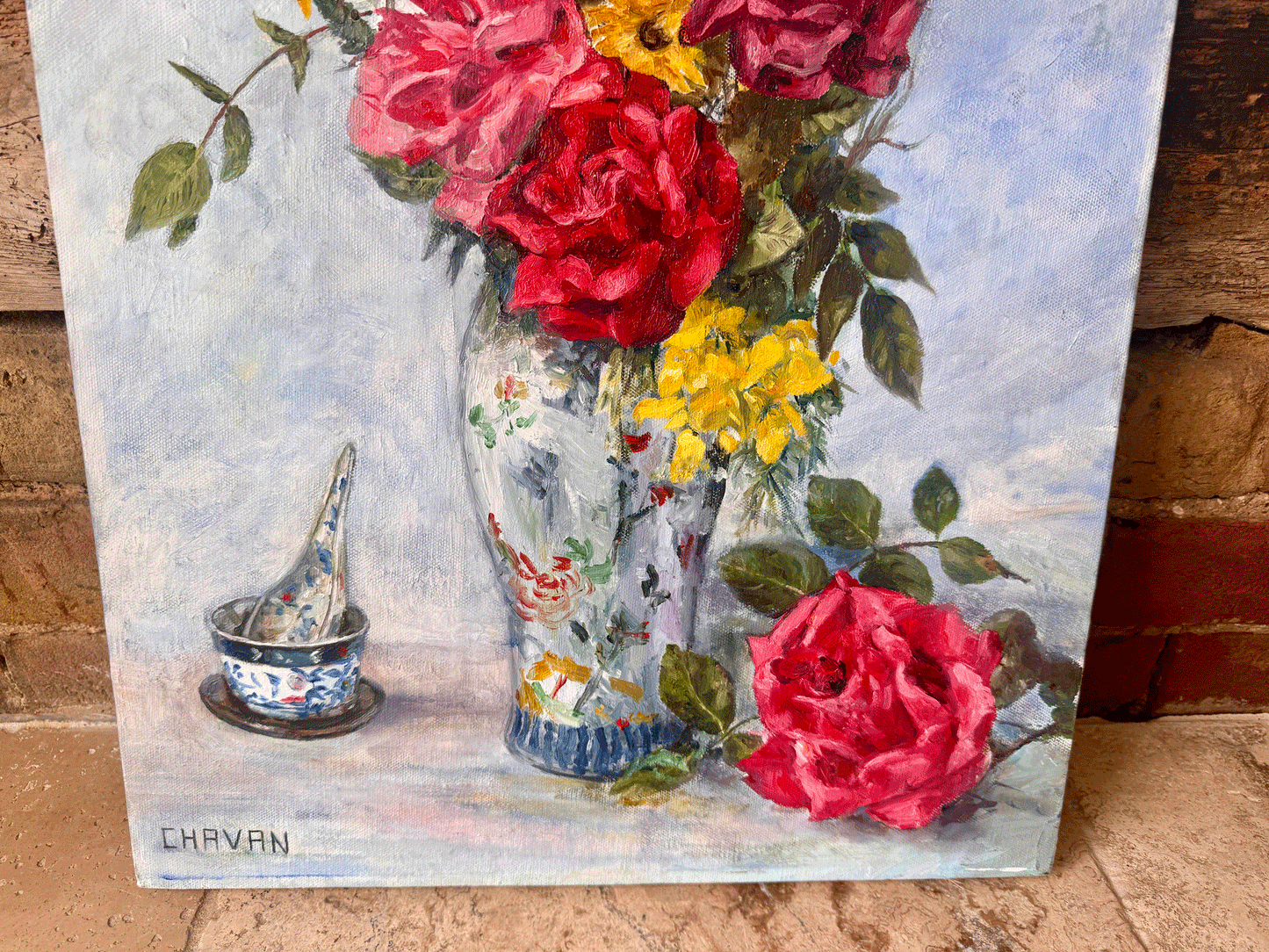 vintage french large floral still life chinoiserie vase pottery oil canvas signed chavan