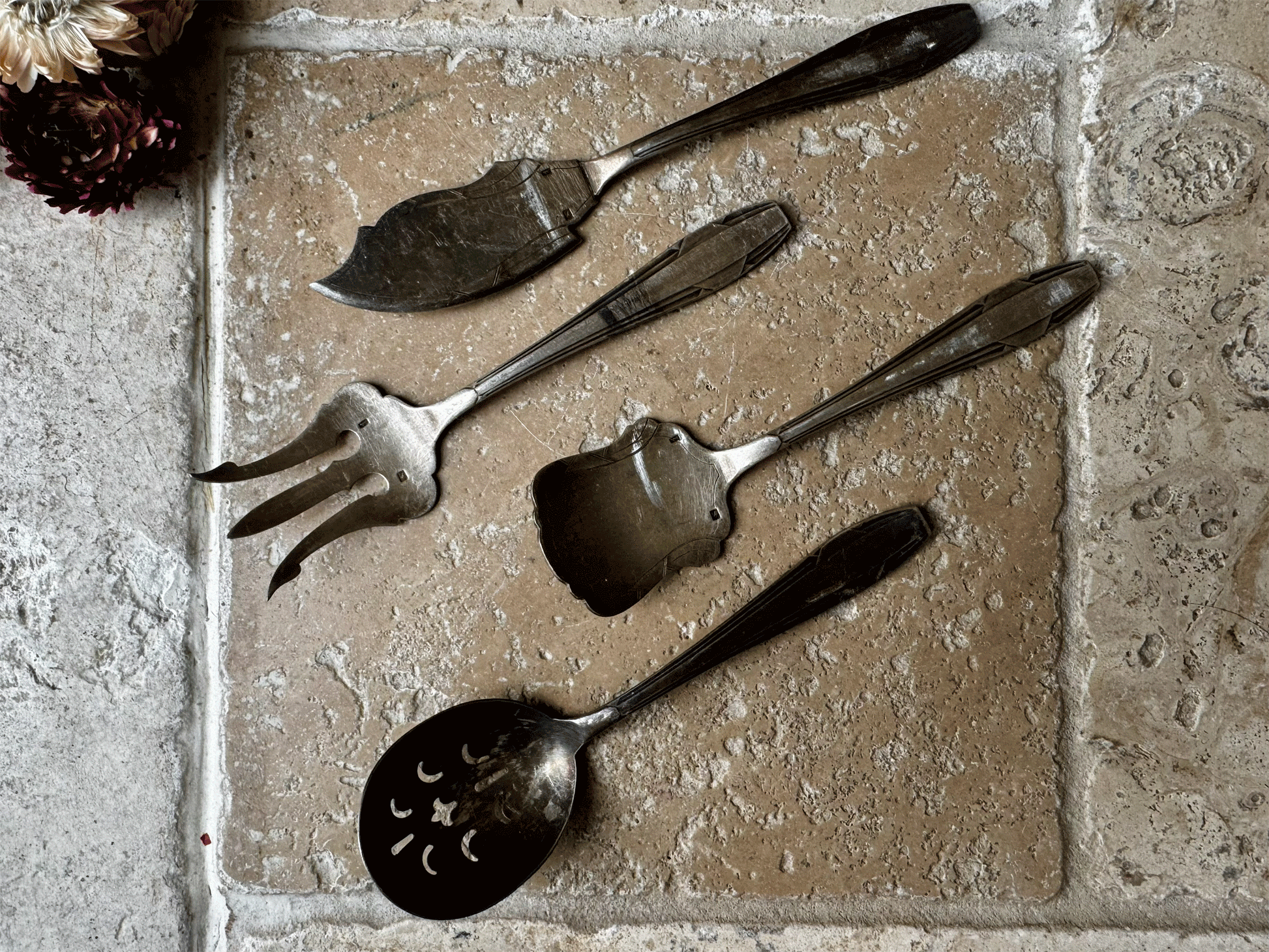 antique french art deco silver plated hors d'oeuvres serving cutlery set