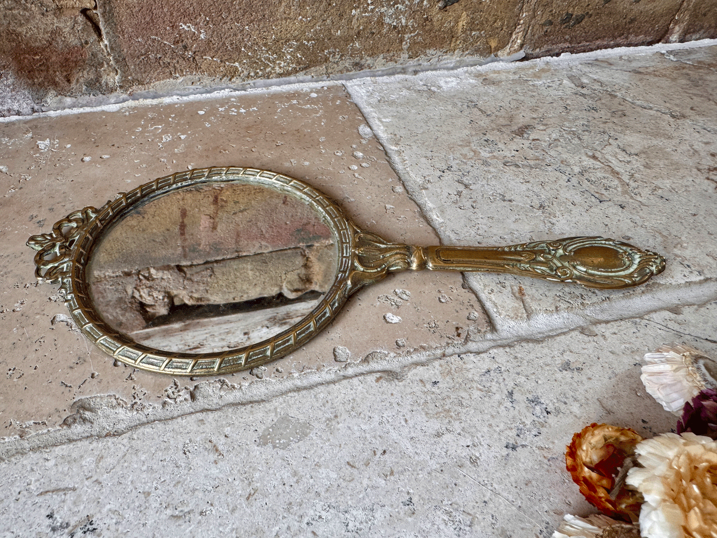 vintage french art deco brass hand mirror decorative ribbon bow banner border