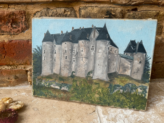 antique vintage french signed oil painting canvas chateau scene setting