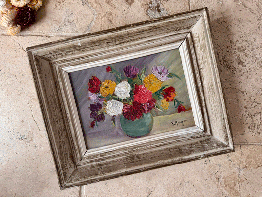vntage french signed framed floral composition still life vase flowers oil board auger