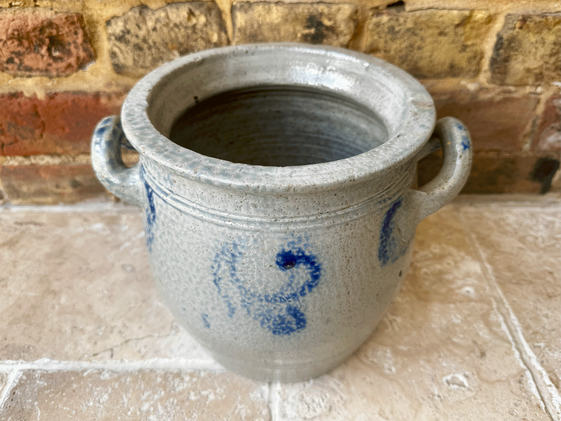 antique french stoneware blue grey glazed alsace pottery handled confit pot jar
