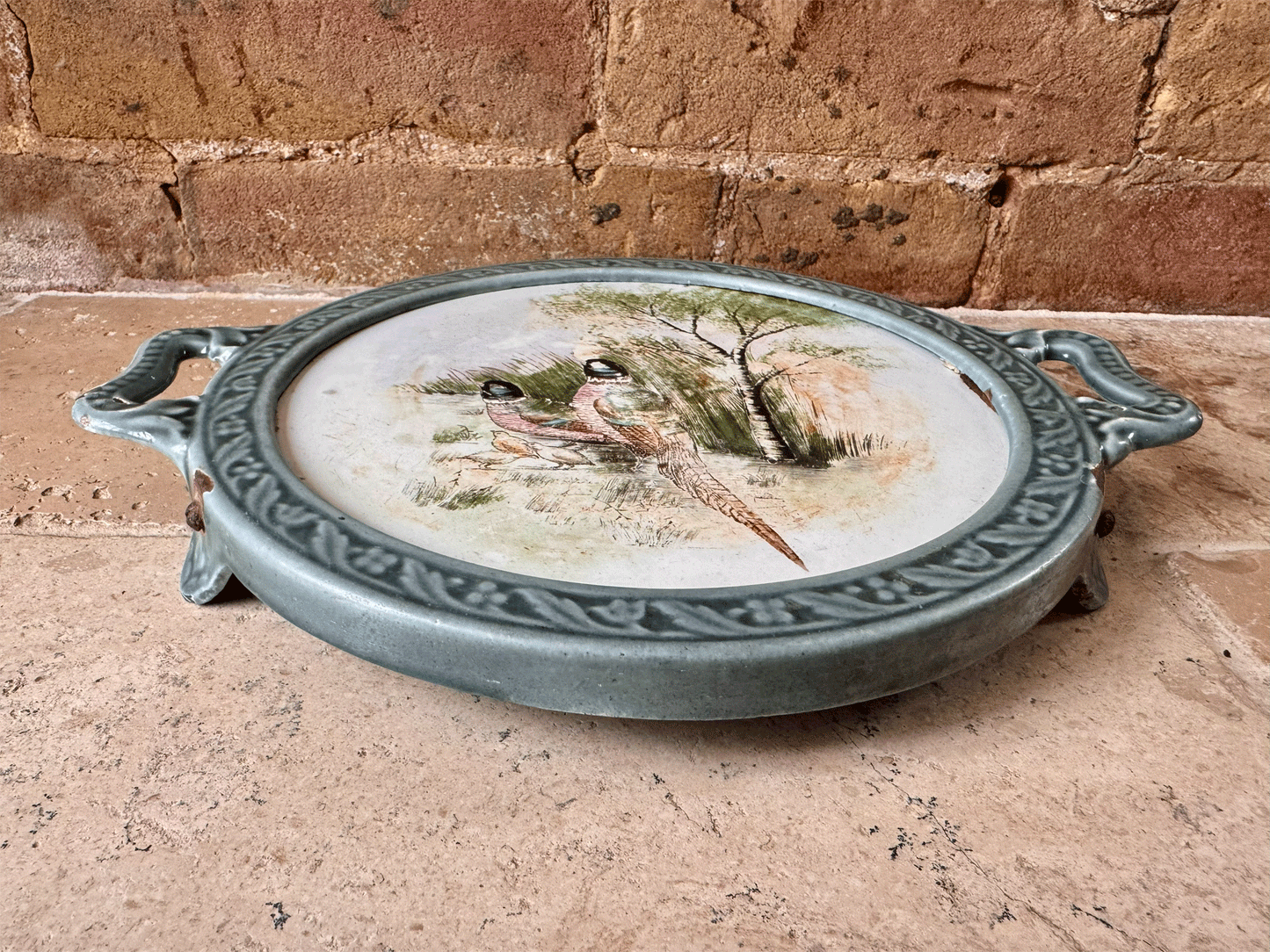 large vintage french blue enamel pot stand painted tile family pheasants