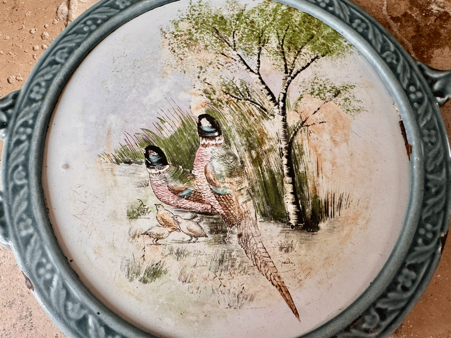large vintage french blue enamel pot stand painted tile family pheasants