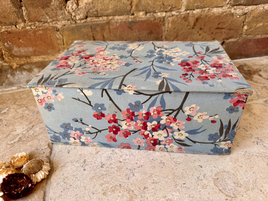 vintage french galerie lafayette floral blue fabric boudoir trinket glove box