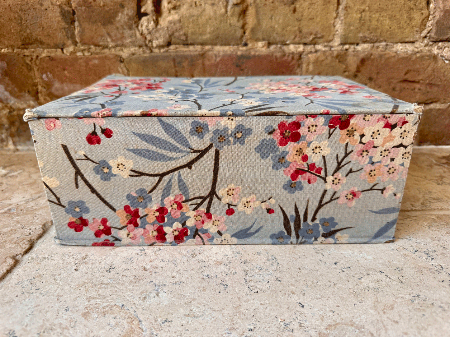 vintage french galerie lafayette floral blue fabric boudoir trinket glove box