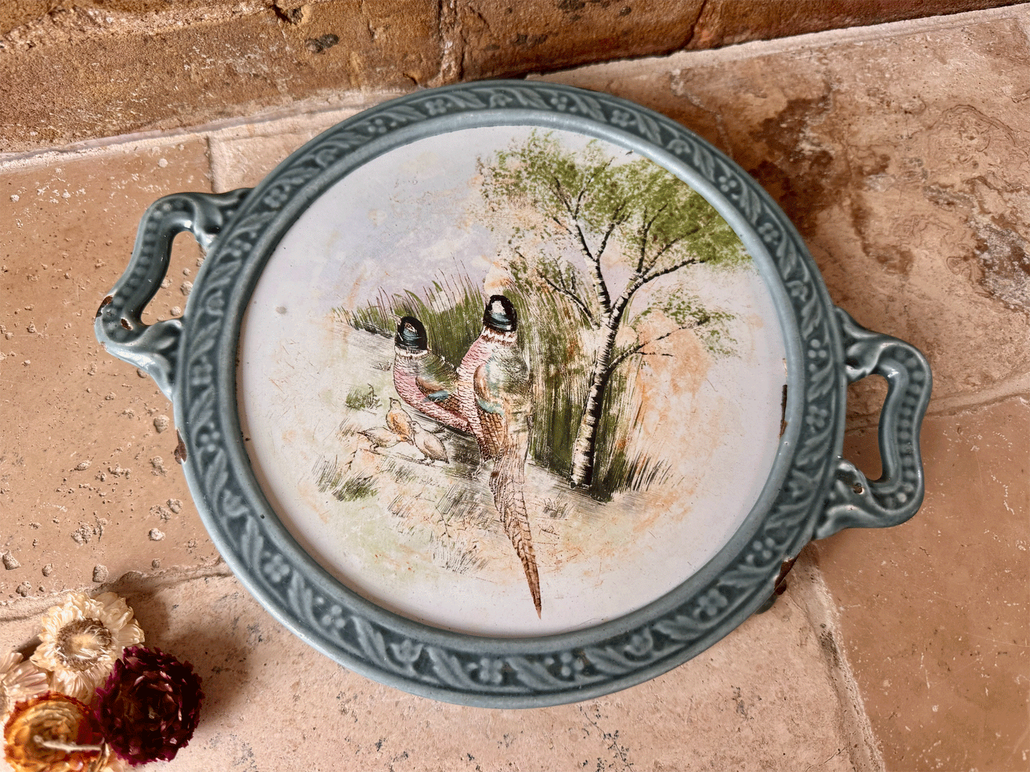 large vintage french blue enamel pot stand painted tile family pheasants