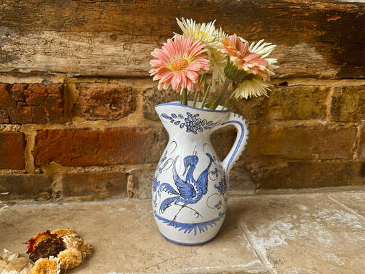 vintage french blue white studio pottery jug birds florals 