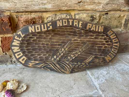 vintage french cutting bread board platter donnez notre pain quotidien wheat daily bread motto