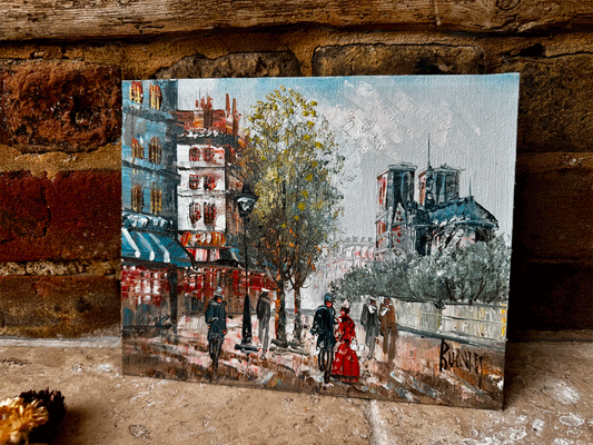 antique vintage paris oil painting canvasboard notre dame cathedral seine