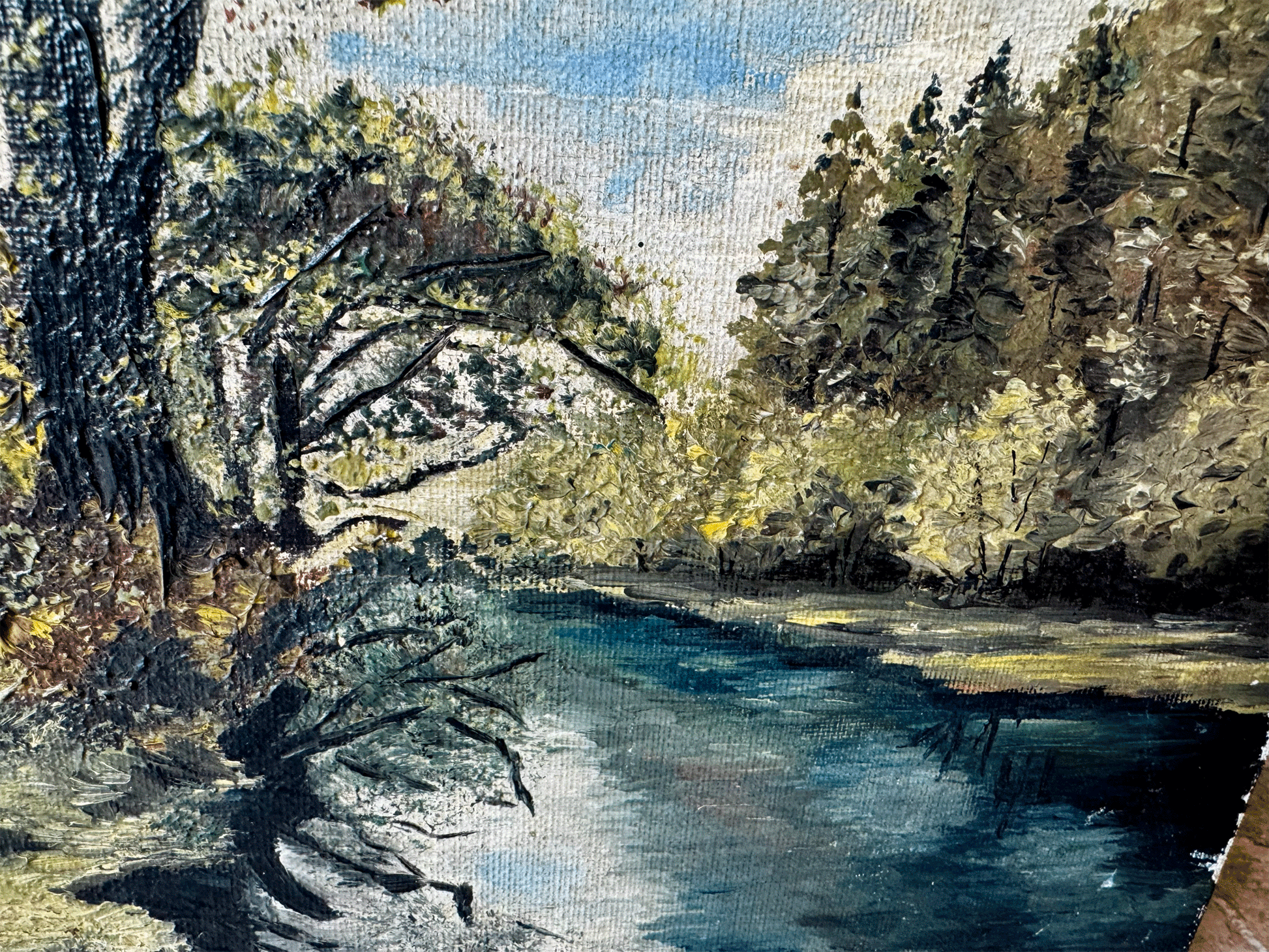 vntage french oil painting canvas signed country landscape river scene setting