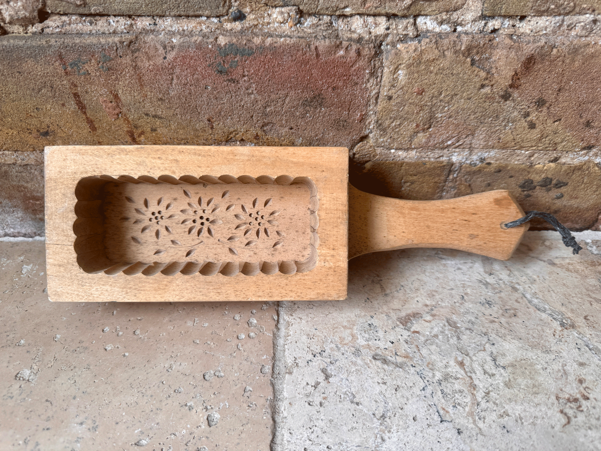 vintage french carved wooden butter brick stamp mould floral flowers foliage