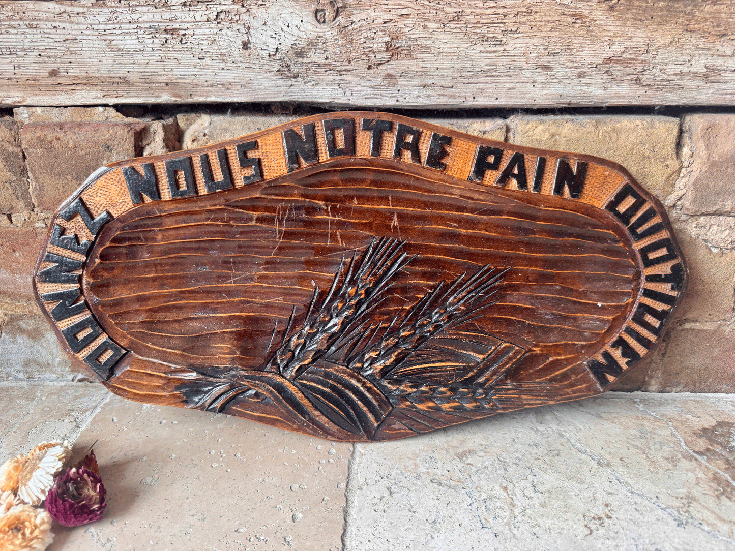 vintage french carved wooden treen bread platter board motto daily bread pain quotidien
