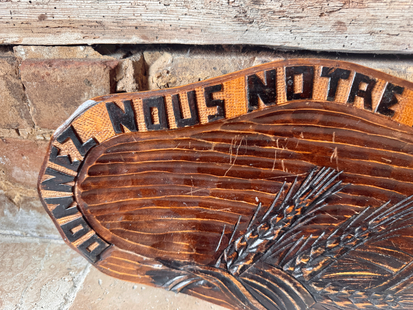 vintage french carved wooden treen bread platter board motto daily bread pain quotidien