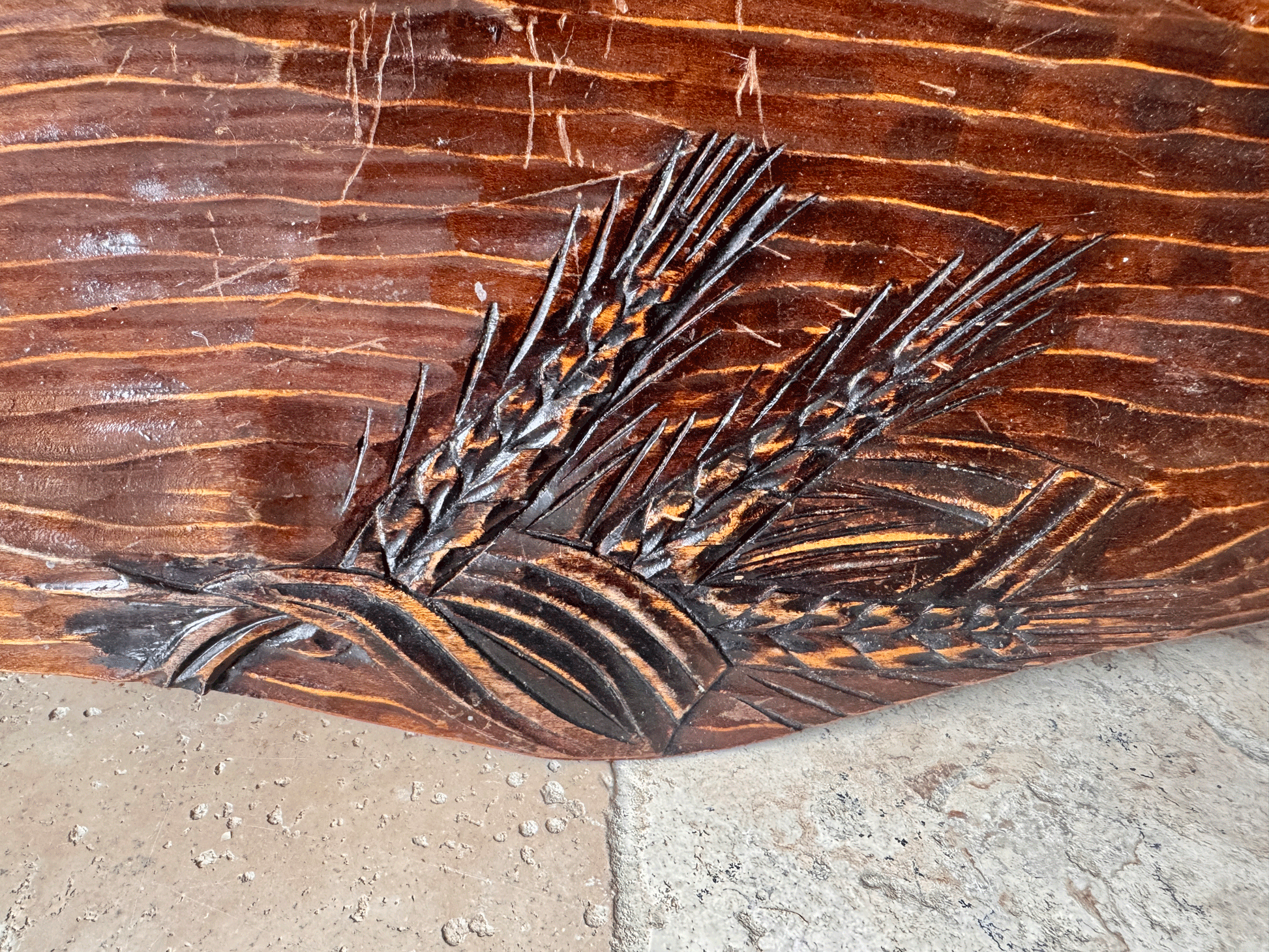 vintage french carved wooden treen bread platter board motto daily bread pain quotidien