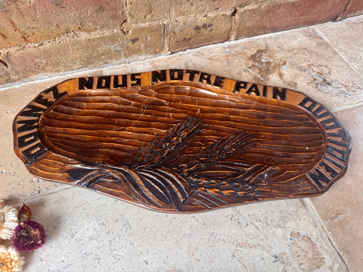 vintage french carved wooden treen bread platter board motto daily bread pain quotidien