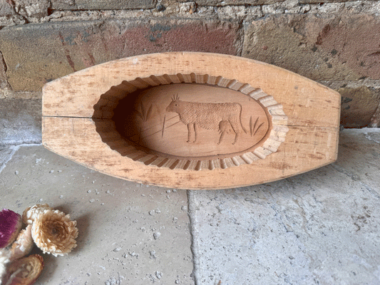 vintage french carved wooden treen butter brick mould cow meadow decoration