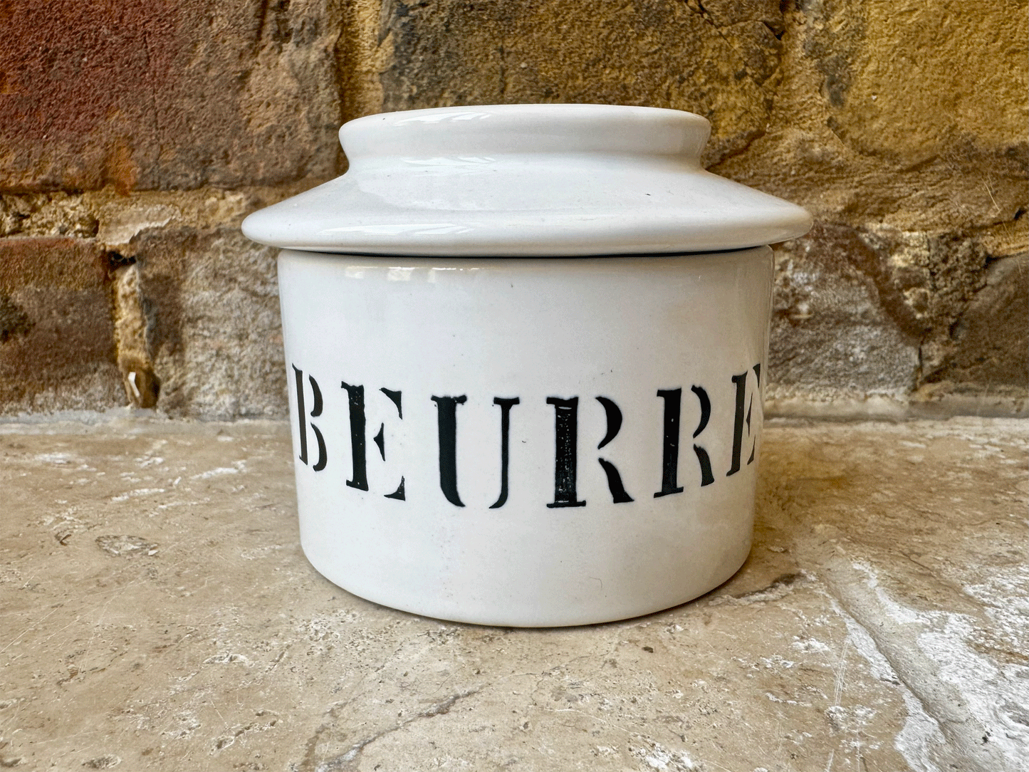 vintage french charolles beurre butter cooler dish pot white stoneware black art deco typography
