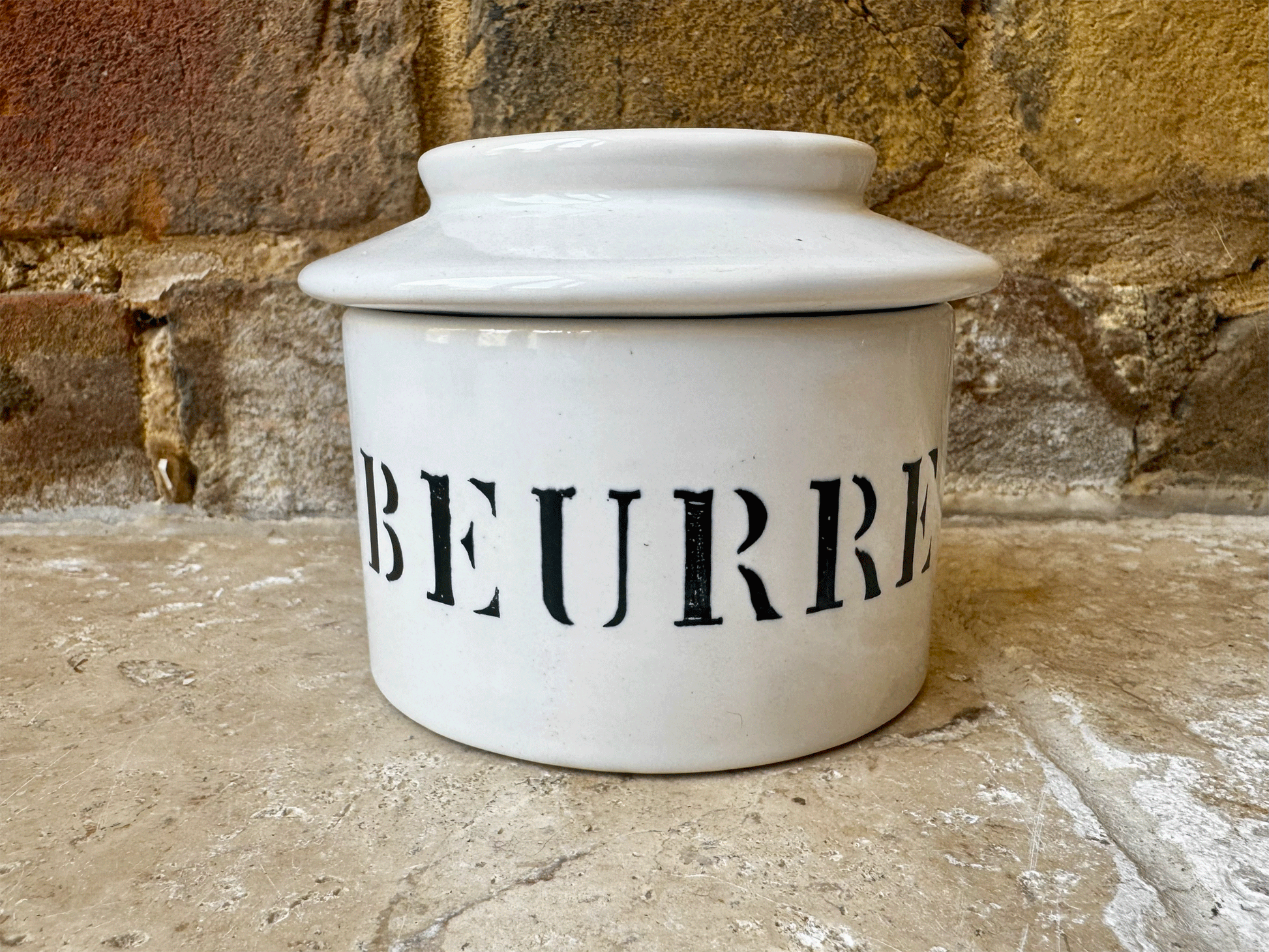 vintage french charolles beurre butter cooler dish pot white stoneware black art deco typography