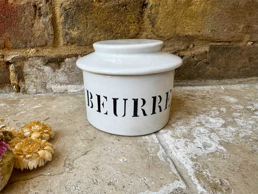 vintage french charolles beurre butter cooler dish pot white stoneware black art deco typography