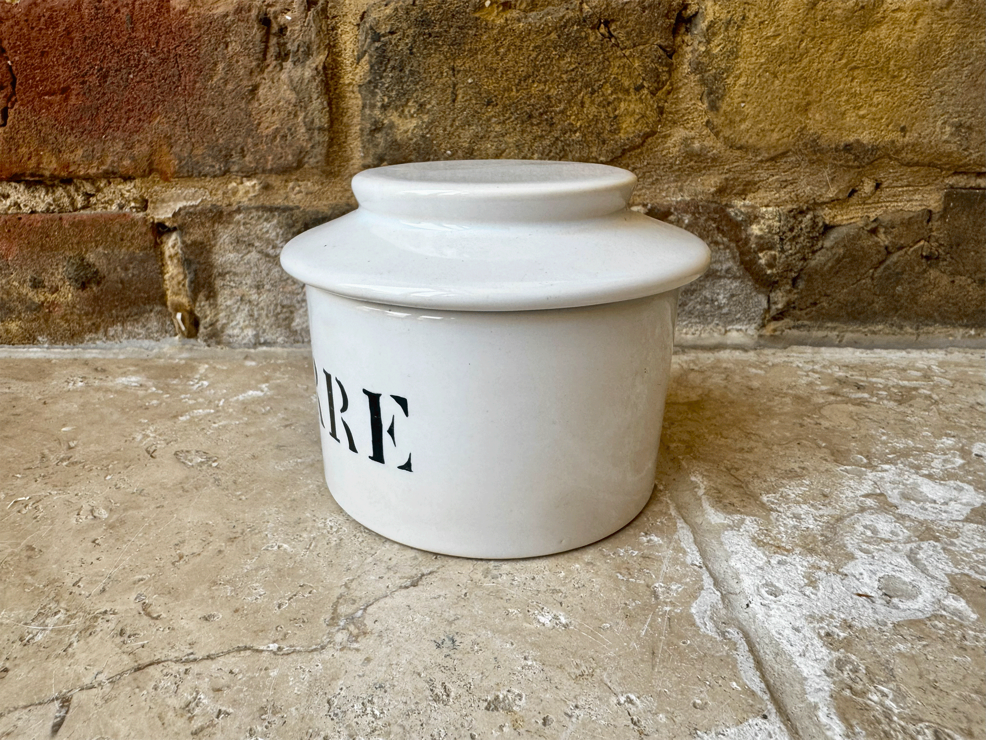 vintage french charolles beurre butter cooler dish pot white stoneware black art deco typography