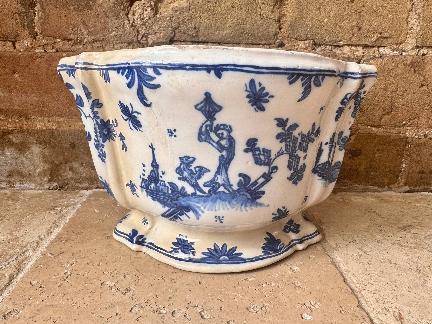 antique french rare blue white glazed flower frog display vase bouquetiere