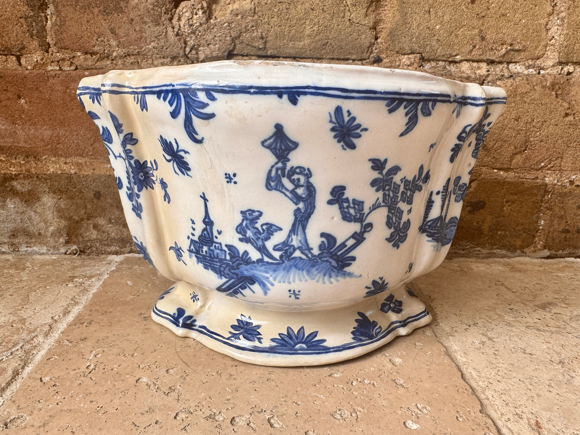 antique french rare blue white glazed flower frog display vase bouquetiere