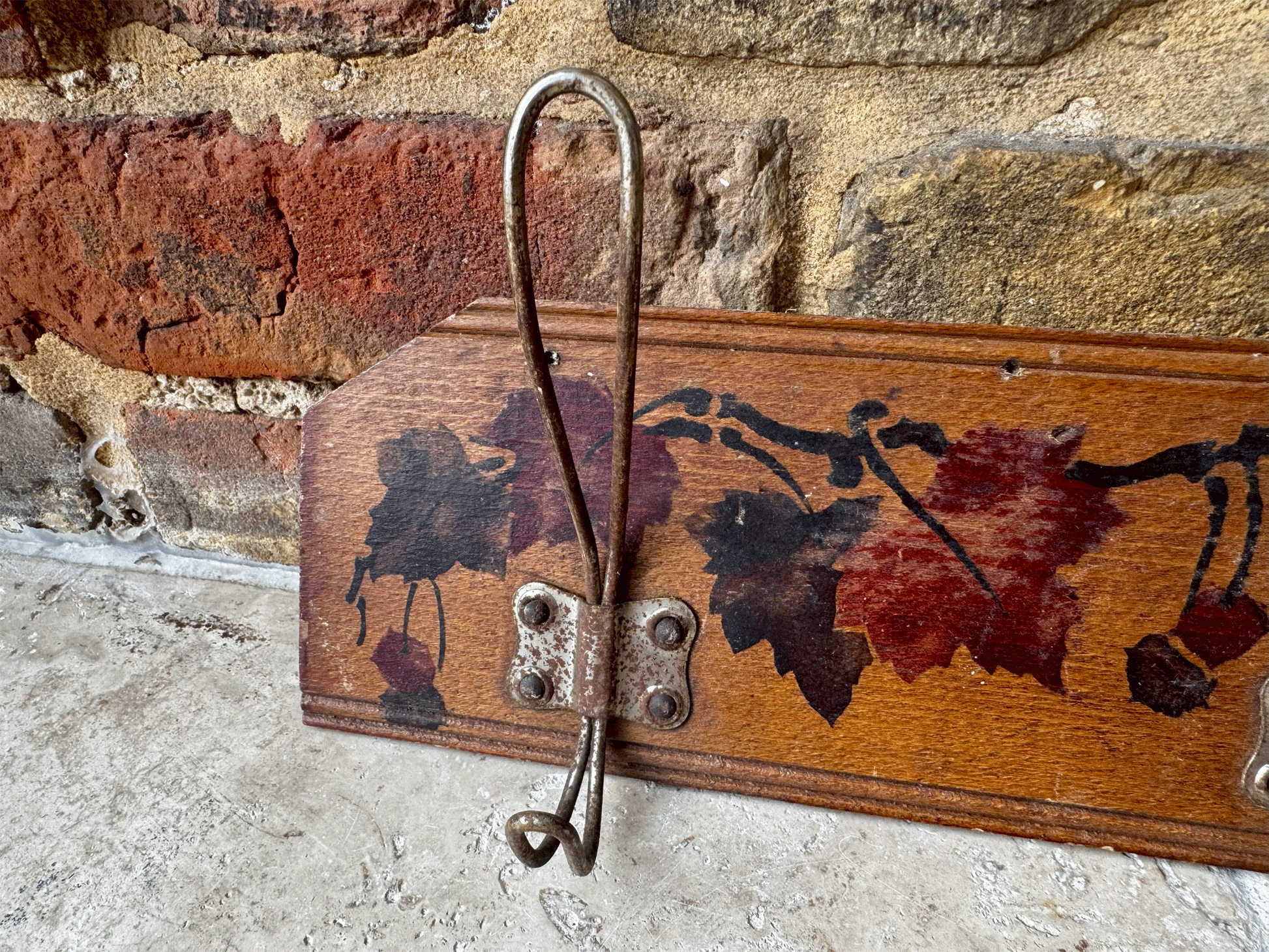 hnd painted decorative french wooden panel coat hooks berries foliage leaves