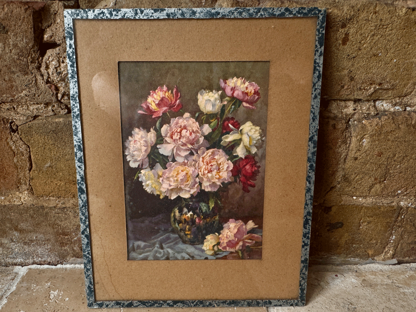 vintage french framed still life painting vase flowers florals peonies postcard