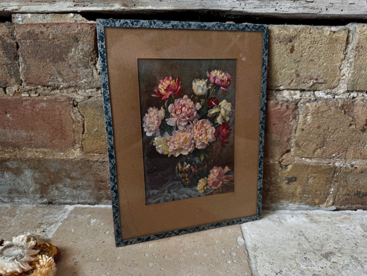 vintage french framed still life painting vase flowers florals peonies postcard