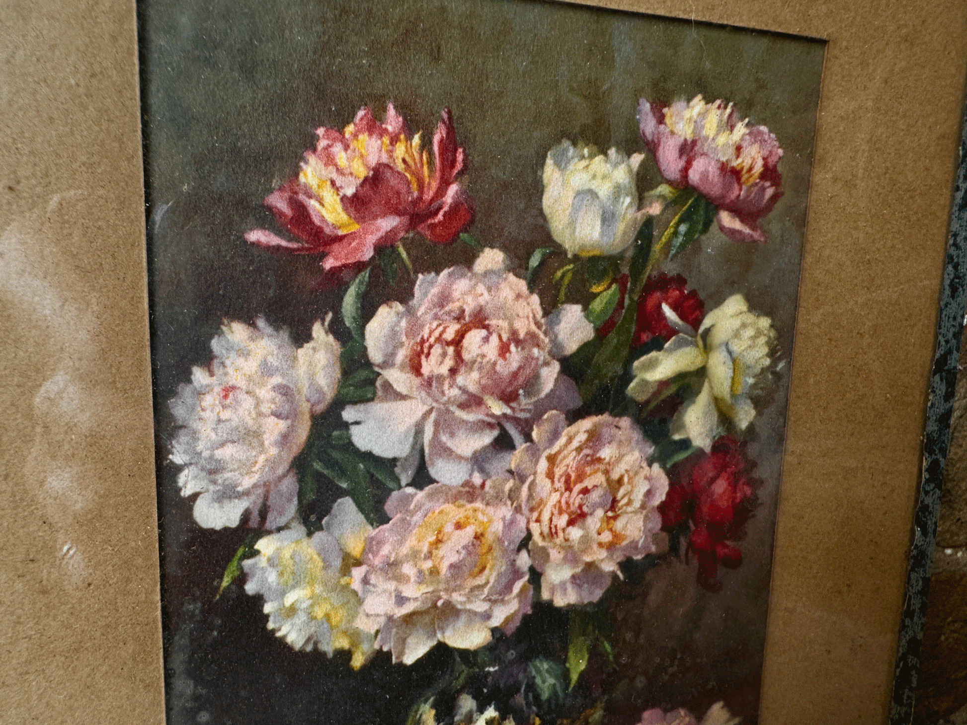 vintage french framed still life painting vase flowers florals peonies postcard